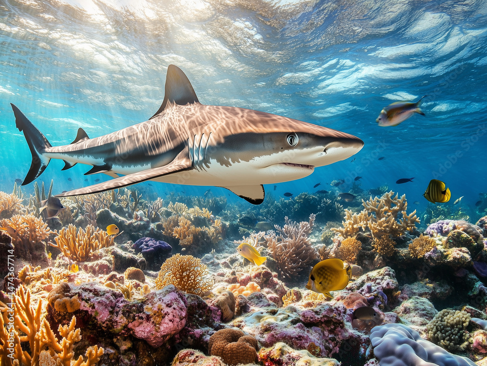 Fototapeta premium Oceanic whitetip shark swimming over a vibrant coral reef
