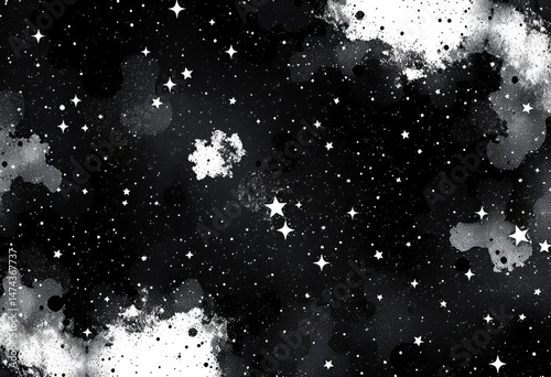 Distressed black & white galaxy pattern with scattered stars and spots Vector seamless abstract space background, stars, nebula