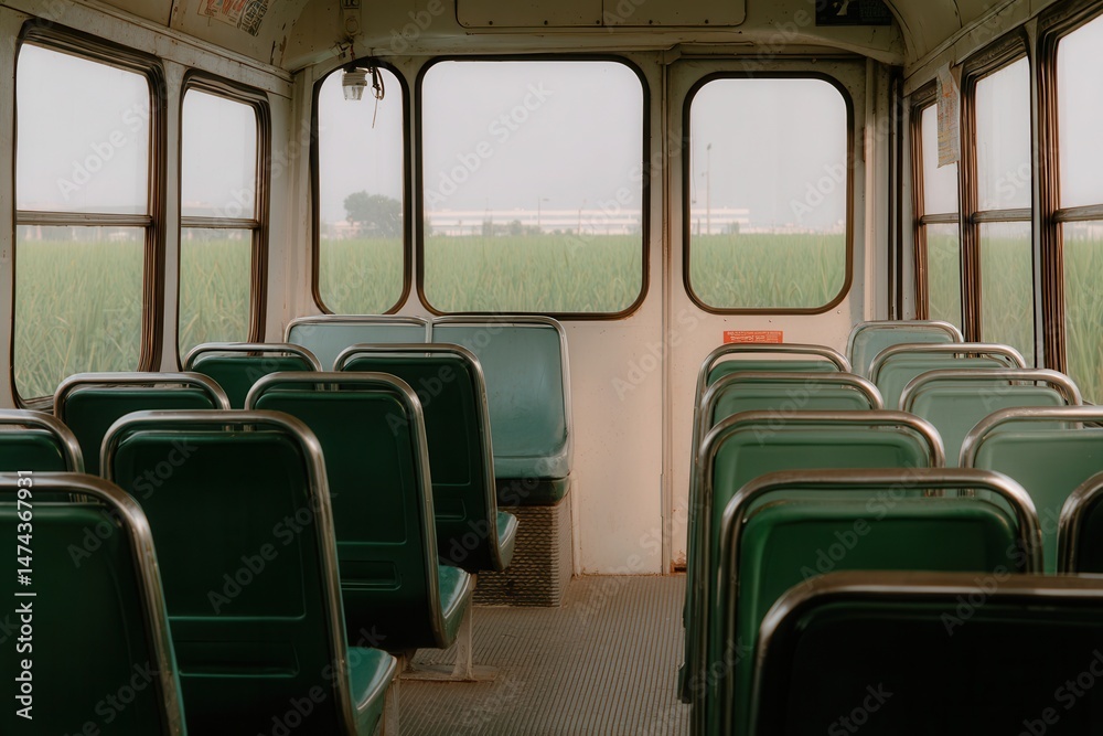 Fototapeta premium Empty bus interior with green seats rural landscape