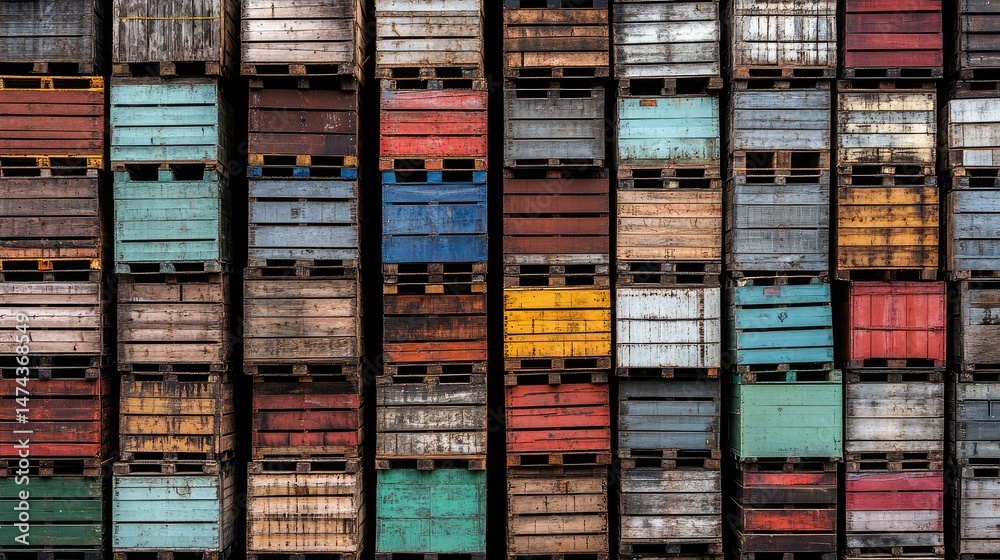 Timber pallets stacked high outside a warehouse with visible wood patterns Timber pallets stacked high outside a warehouse with visible wood patterns