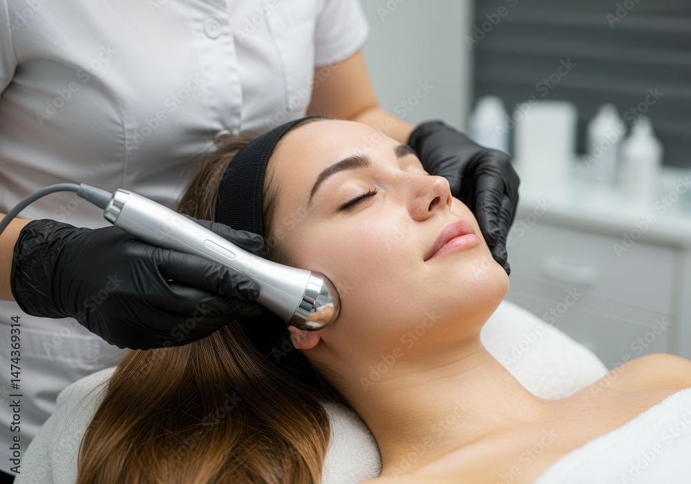 Fototapeta premium Young woman receiving a facial treatment with a modern device in a spa, eyes closed and relaxed during the procedure