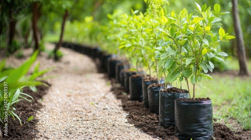 Tree seedlings on display in black nursery bags on a dirt path awaiting planting
