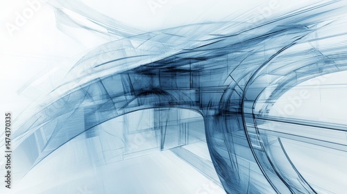Ethereal Blue Abstract Lines and Geometric Structures Digital Artwork