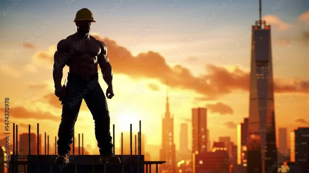 custom made wallpaper toronto digitalSilhouette of a muscular construction worker in a hard hat stands against a skyscraper and city skyline at sunset, symbolizing the construction industry and urban development progress