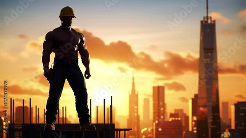Wallpaper Mural Silhouette of a muscular construction worker in a hard hat stands against a skyscraper and city skyline at sunset, symbolizing the construction industry and urban development progress Torontodigital.ca
