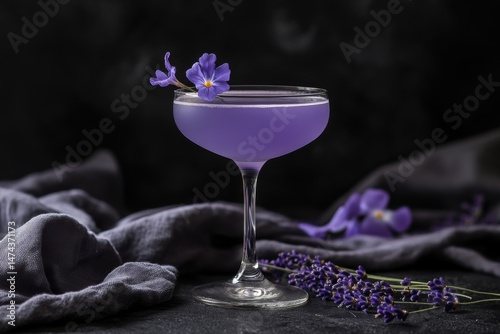 Elegant purple cocktail in coupe glass garnished with violet flowers on dark background still life studio shot