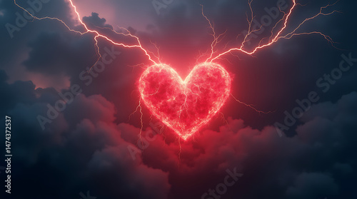 thunderstorm forming heart symbol between dark clouds, intense love concept