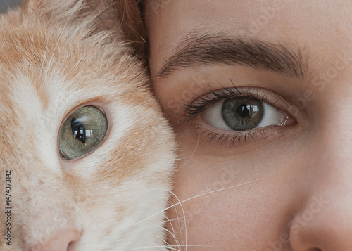 eyes close up of human and cat. two halves of pet and human face. biology concept