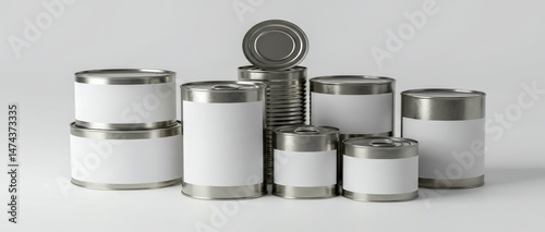 Arrangement of various sized blank canned goods against a clean white background