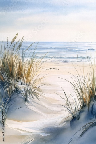Fototapeta Naklejka Na Ścianę i Meble -  Watercolor painting of dunes and sea grass on the beach, a sand dune, a beach scene, a beach landscape, in muted neutral colors of beige, blue, and grey.