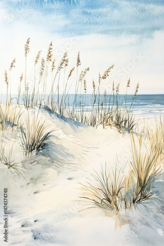 Watercolor painting of dunes and sea grass on the beach, a sand dune, a beach scene, a beach landscape, in muted neutral colors of beige, blue, and grey.