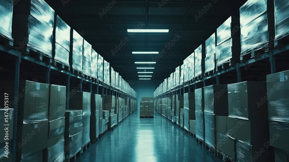 Obraz premium Expansive warehouse interior with stacked pallets of sealed cardboard boxes under bright fluorescent lighting