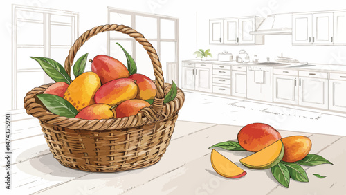 Mango vector design, Mango in wicker basket with mango slice on table in kitchen Illustration vector design