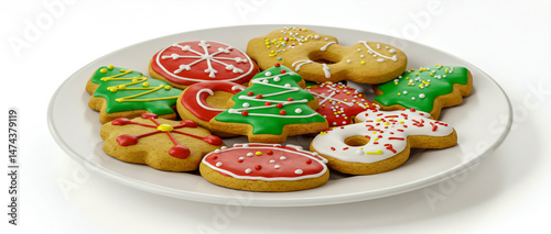 Delicious plate of christmas cookies decorated with festive holiday frosting and sprinkles