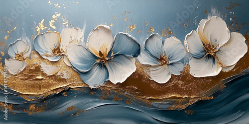 Abstract oil painting of vibrant flowers and swirling leaves against a dynamic blue and white background, showcasing movement and harmony in nature’s beauty
