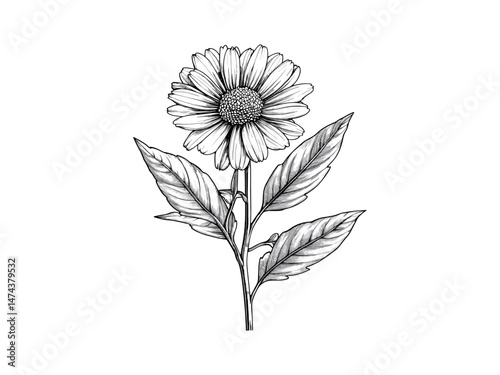 Detailed Aster Flower Engraving, antique botanical print, retro floral sketch, vintage black ink illustration, hand-drawn nature decor, aster bloom, trendy old style flower art
