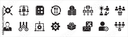 Business management flat icon set. Contains symbol of businessman, target, finance, lunchtime, success, hierarchy, data, reward, work, money, employee, task, shop, meeting, job. Vector illustration