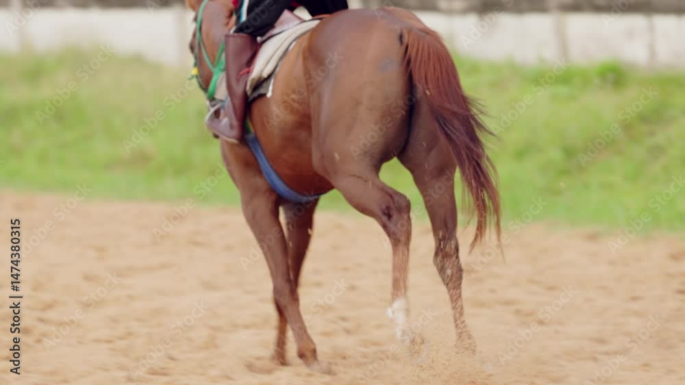A horse is running in the sand. The horse has a blue band around its leg. The sand is brown and the horse's hooves are white