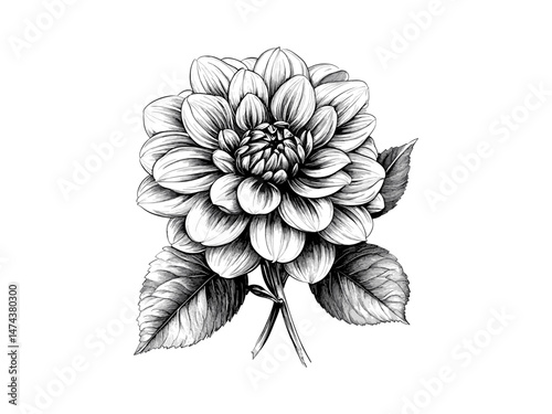 Retro Dahlia Flower Art, hand-drawn botanical sketch, vintage engraving, trendy floral decor, antique flower illustration, black ink dahlia art, classic bloom design
