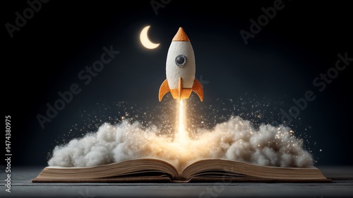 A Rocket Launching from an Open Book Under a Crescent Moon: Imagination Takes Flight