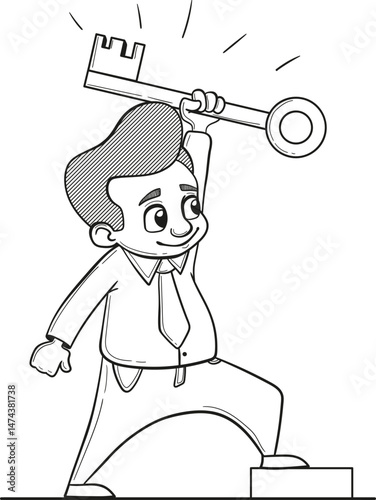 Key to success in business. Career goal concepts, businessman winner, raise key of success to the sky. Hand drawn vector illustration. Doodle style.