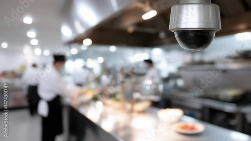 Professional Kitchen Surveillance Busy Chefs Cooking with High Quality Equipment in Modern Restaurant Environment