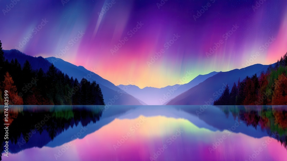 Fototapeta premium Northern lights serene lake reflecting vibrant sky