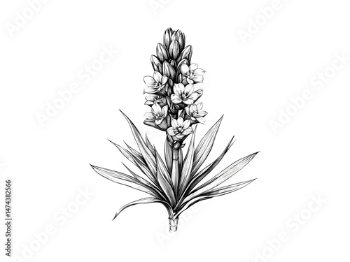 Antique Yucca Flower Engraving, hand-drawn botanical sketch, vintage flower print, yucca bloom, nature-inspired decor, trendy black sketch, floral engraving, vintage style, nature art