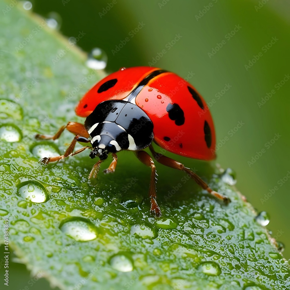 Fototapeta premium A close-up of a ladybug sitting on a leaf. The dew drops add a fresh touch to the scene.