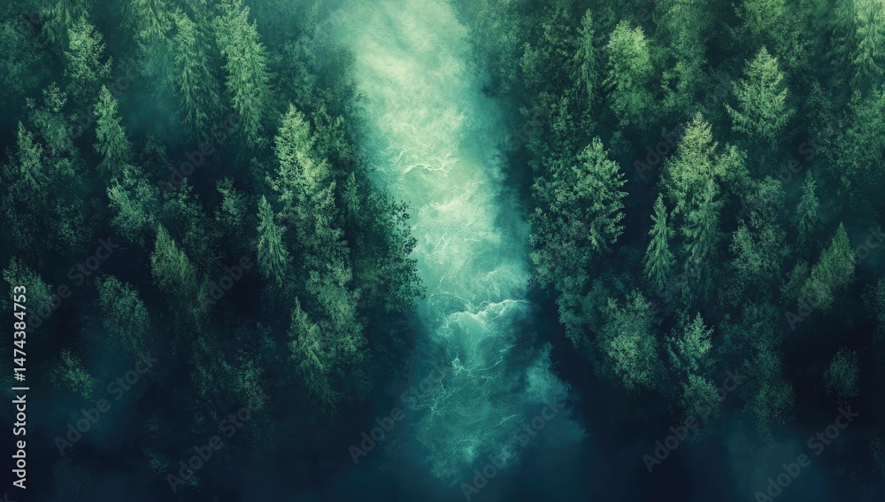 Obraz premium Misty forest river valley. Dense evergreen trees frame a flowing river, shrouded in mist. A tranquil, aerial view
