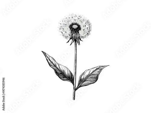 Antique dandelion engraving, hand-drawn vintage flower art, retro botanical sketch, nature bloom illustration, rustic floral decor, black engraving style, aesthetic flower wall print,