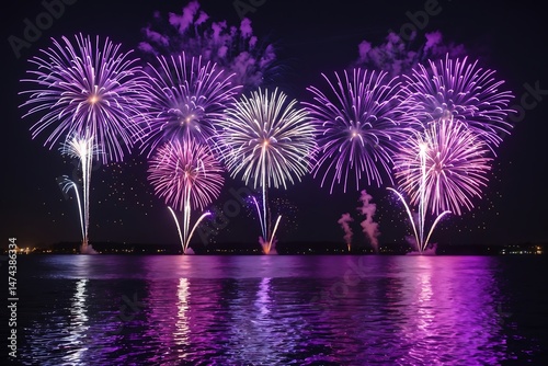Spectacular Purple Fireworks Display Over Calm Water at Night
