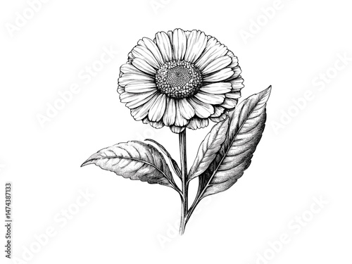 Hand-drawn Calendula Flower Illustration, botanical print, vintage engraving, retro floral decor, antique style, trendy black sketch, floral bloom, old engravings, vintage sketch art