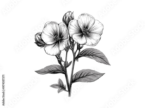 Antique engraving of Evening Primrose, black hand-drawn illustration, vintage floral sketch, trendy flower art, engraving decor, old print, botanical bloom, flora decor, vintage flower design