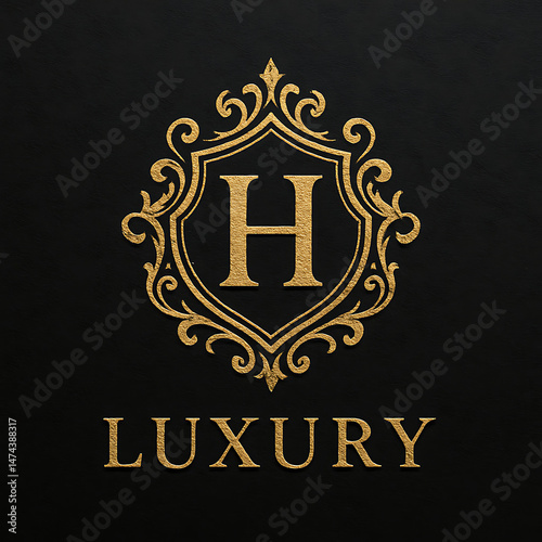 Golden Luxury Logo Design with Ornate Shield Crest Featuring Elegant H Symbol on Black Background Premium HighEnd Brand Emblem for Sophisticated Chic Fashionable Vintage Style