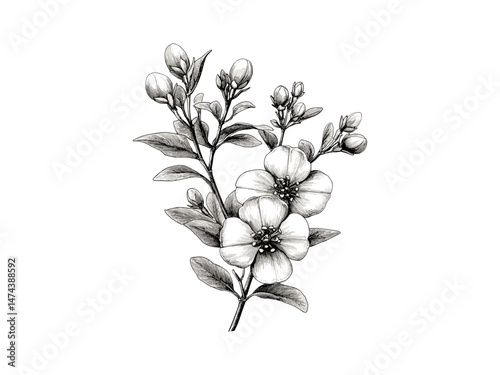 Hand-drawn Waxflower bloom, engraved vintage botanical print, retro flower illustration, black sketch, flora, antique decor, trendy floral art, old engraving, vintage style, waxflower sketch