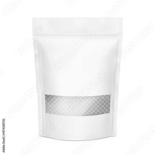 Pouch stand bag with clear window mockup. Vector illustration isolated on white background. Easy to make a realistic mockup of your product. Ready for your design. EPS10.