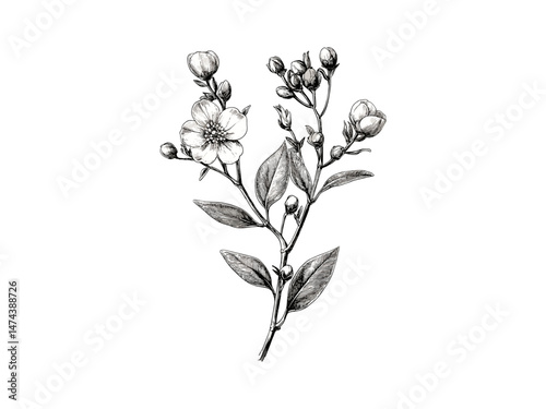 Antique sketch of Waxflower bloom, hand-drawn botanical print, retro flower illustration, black sketch, trendy decor, vintage floral art, waxflower, old engraving, nature drawing, retro sketch