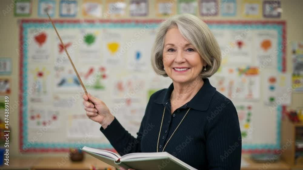 Smiling senior female teacher holds a book and pointer, engaging with students in a colorful elementary classroom, embodying dedication to education and lifelong learning principles