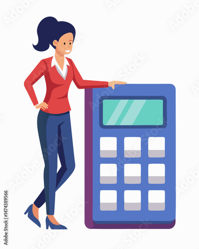 Confident Businesswoman Leaning on a Large Calculator Representing Financial Success and Calculation