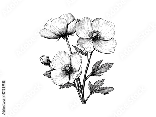 Buttercup flower sketch, black engraved design, antique botanical style, trendy floral art, vintage decor, flower illustration, nature flora, old engraving, botanical print, classic floral design
