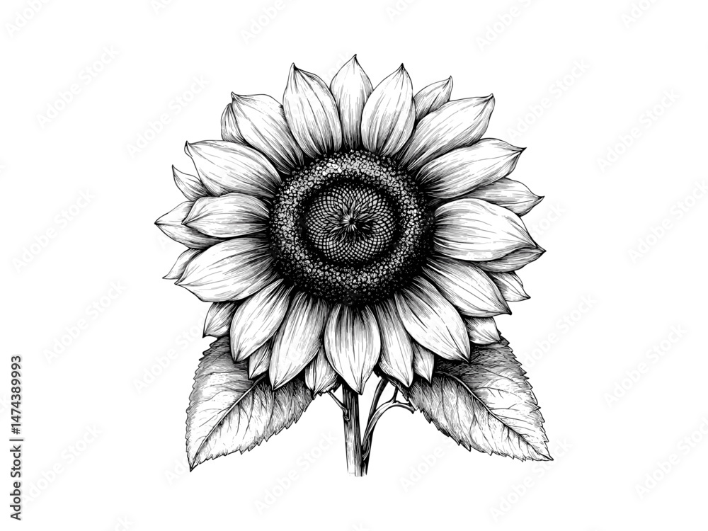 Fototapeta premium Vintage Engraved Sunflower, Black Sketch Botanical Art, Hand-Drawn Floral Design, Antique Bloom Illustration, Wall Print, Nature Wildflower, Trendy Flower Artwork, Rustic Wall Decor