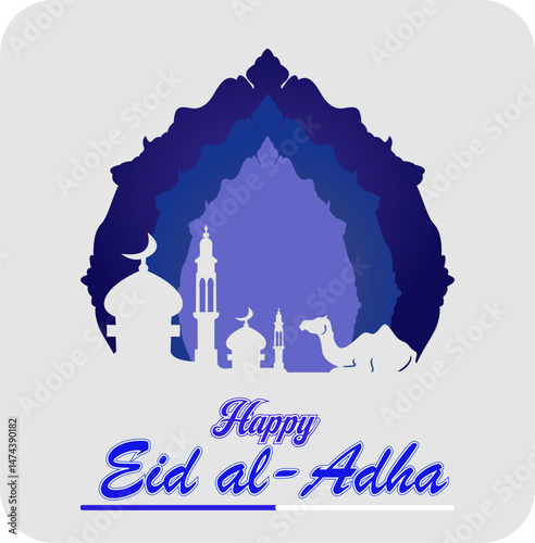 Eid al-Adha celebration. Eid al-Adha greeting card. Eid al-Adha theme camel and mosque. Vector illustration.
