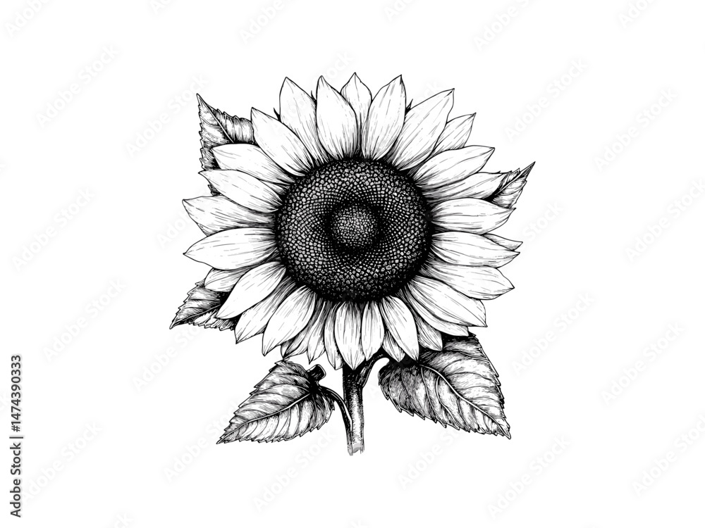 Fototapeta premium Hand-Drawn Sunflower Sketch, Vintage Style Floral Art, Black Ink Botanical Illustration, Antique Nature Drawing, Wildflower Bloom, Rustic Wall Print, Trending Nature Decor