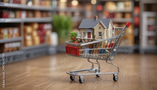 Wallpaper Mural Miniature house model nestled in a grocery shopping cart, online home buying concept,  keys,  property search,  ecommerce Torontodigital.ca