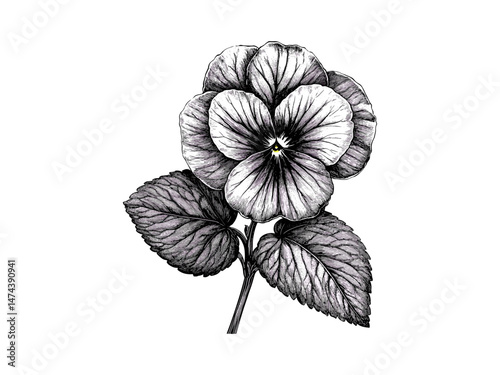 Antique Floral Engraving, Violet Bloom in Vintage Style, retro botanical sketch, trendy floral art, Black sketch flower, nature decor print, violet vintage, old style engraving artwork.