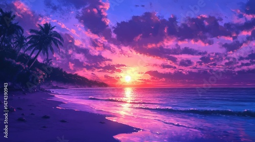 A vibrant beach sunset where the suns rays stretch across the sky, blending with the blue and purple tones, creating a beautiful scene as the ocean reflects the changing colors