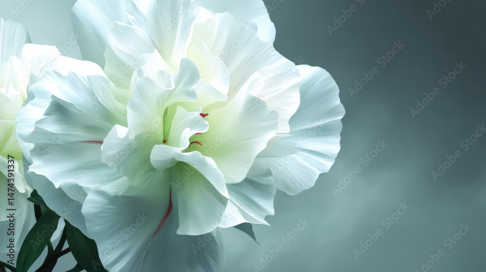 Fototapeta premium A dreamy white azalea flower with delicate petals unfolds against a soft, muted backdrop, evoking a sense of serenity and ethereal beauty in a still life composition.