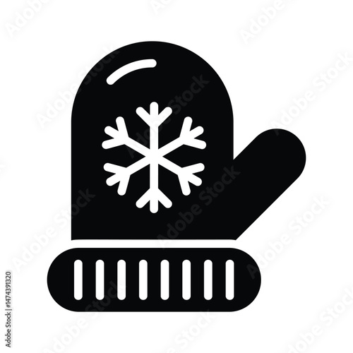 A warm mitten with a snowflake, representing winter weather