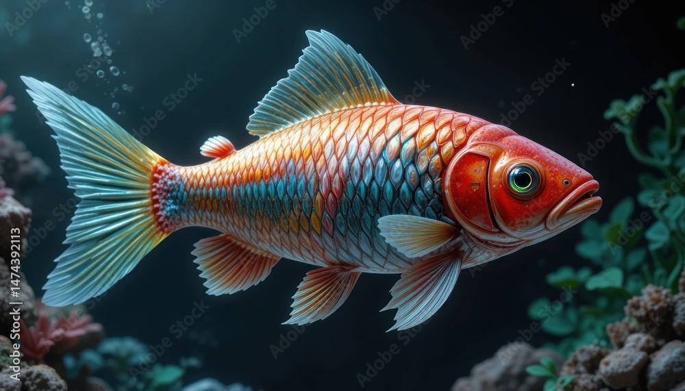 Fototapeta premium A vibrant tropical fish swims in a clear aquarium, its golden scales shimmering underwater